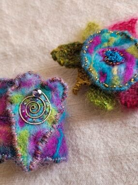 Handmade Multicolor Felted Wool Cuff with Spiral Accent and Matching Brooch